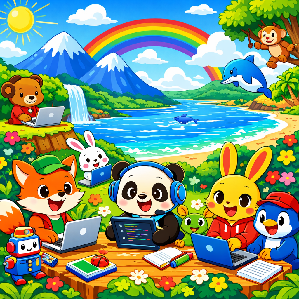 虹と自然に囲まれ、動物たちがパソコンやタブレットでプログラミングを楽しく学んでいるイラスト
